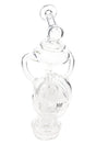 Clear MJ Arsenal Fabcycler glass top for Puffco Peak with angled mouthpiece and recycler chambers, shown upright on white background.