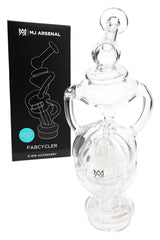 MJ Arsenal Fabcycler e-rig attachment beside retail box, clear borosilicate recycler top compatible with Puffco Peak.