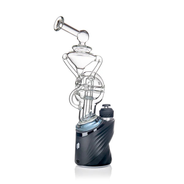 Fabcycler recycler glass attachment installed on a Puffco Peak base, full side profile showing angled mouthpiece and fab-egg chambers.