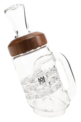 Clear MJ Arsenal Halo glass top for Puffco Peak with wood accent ring, side handle, and flared mouthpiece, showing internal diffusion chambers.