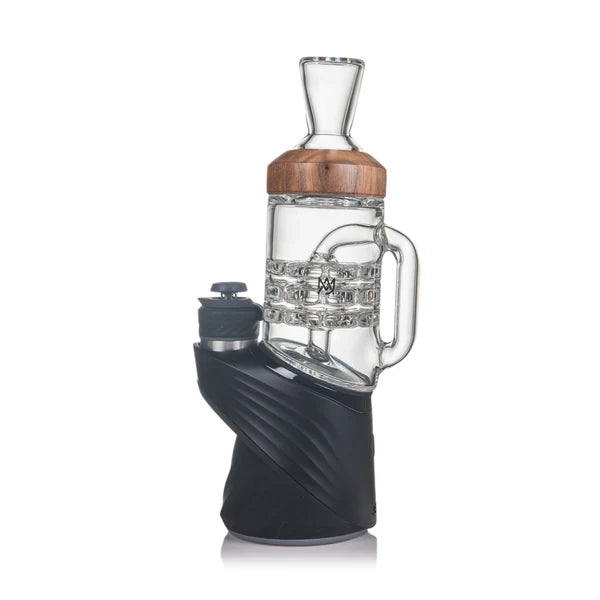 MJ Arsenal Halo Alpine glass attachment installed on a Puffco Peak base, full side profile highlighting handle and diffusion section.
