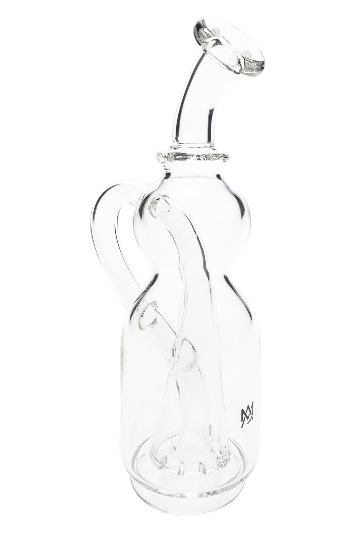 Clear MJ Arsenal Lasso glass top with angled mouthpiece and side handle, showing internal looping pathway compatible with Puffco Peak.