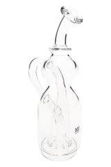 Clear MJ Arsenal Lasso glass top with angled mouthpiece and side handle, showing internal looping pathway compatible with Puffco Peak.