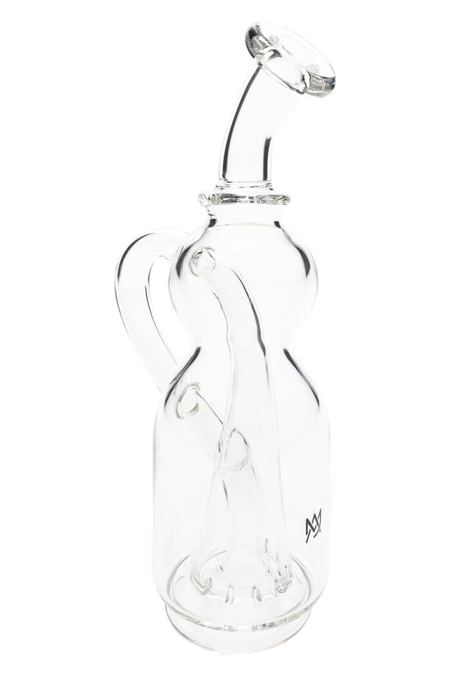 Clear MJ Arsenal Lasso glass top with angled mouthpiece and side handle, showing internal looping pathway compatible with Puffco Peak.