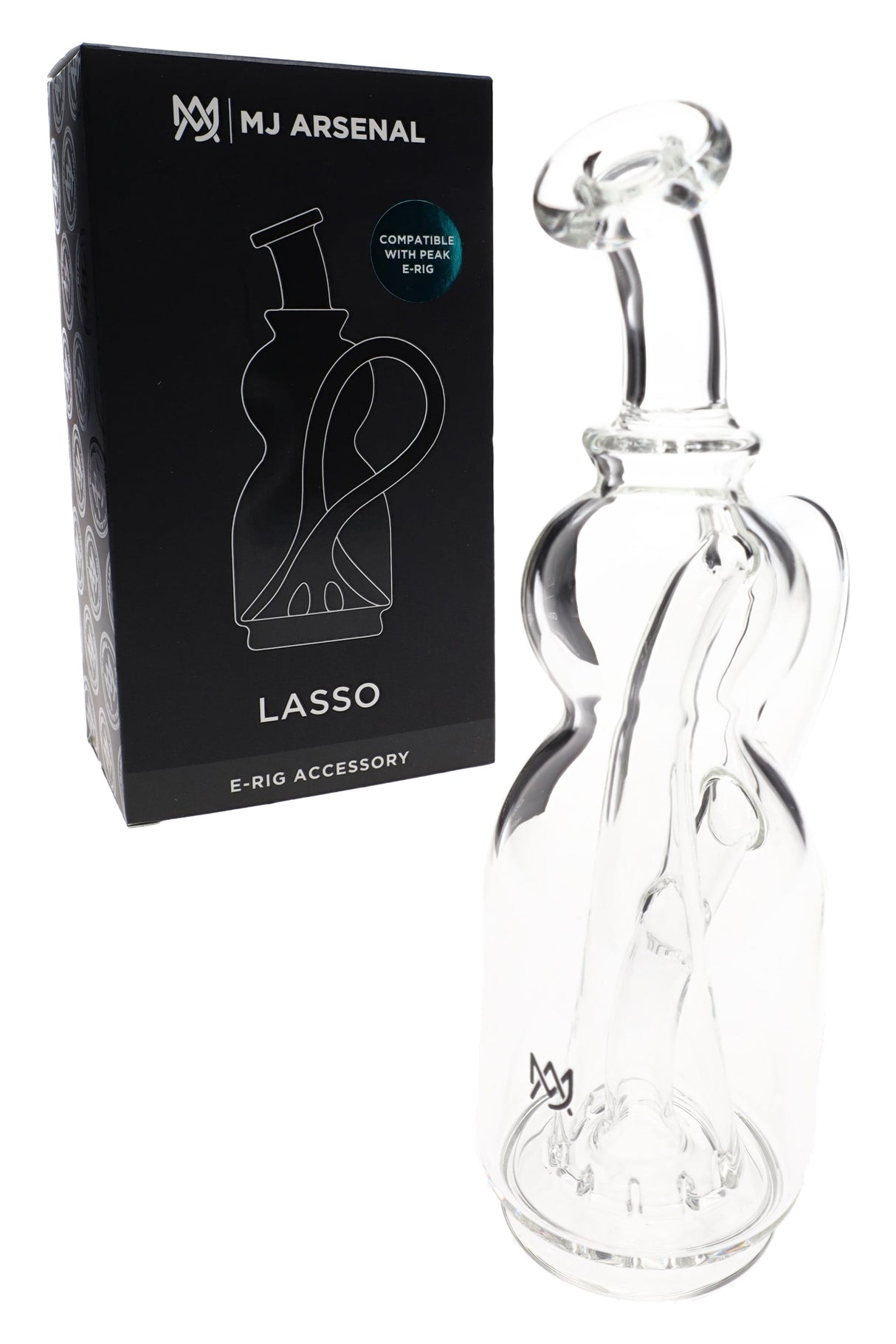 Lasso Puffco Peak replacement glass by MJ Arsenal beside retail box, scientific clear body with curved internal channel and handle.