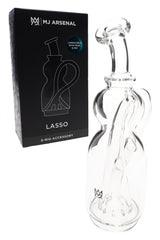 Lasso Puffco Peak replacement glass by MJ Arsenal beside retail box, scientific clear body with curved internal channel and handle.
