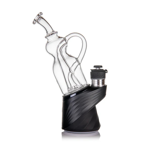 MJ Arsenal Lasso glass attachment installed on a Puffco Peak base, full side profile highlighting flared mouthpiece and recycler path.