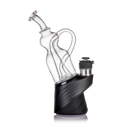 MJ Arsenal Lasso glass attachment installed on a Puffco Peak base, full side profile highlighting flared mouthpiece and recycler path.