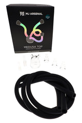 Medusa Puffco Peak hose attachment by MJ Arsenal shown with retail box, including glass top, adapters, three mouthpieces, and long silicone hoses.