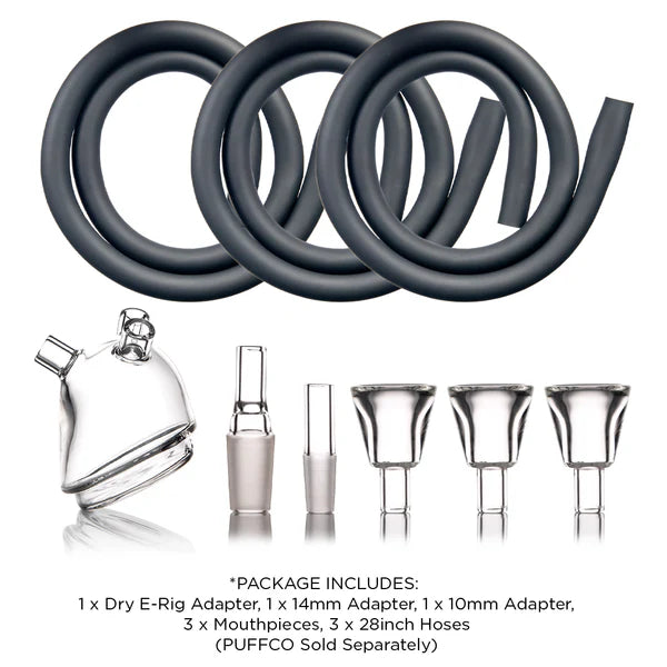 Close layout of Medusa package contents with labels: dry e-rig glass adapter, 14 mm and 10 mm adapters, three 28″ hoses, and three glass tips.