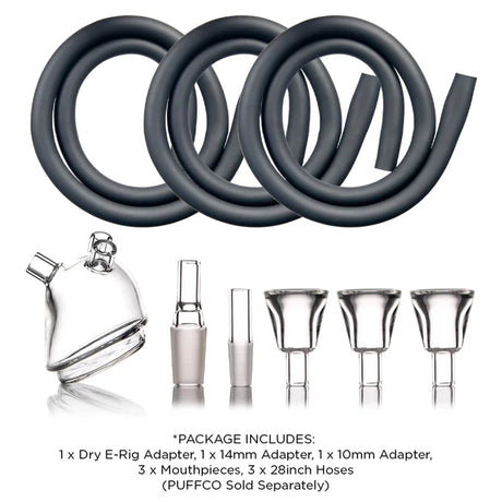Close layout of Medusa package contents with labels: dry e-rig glass adapter, 14 mm and 10 mm adapters, three 28″ hoses, and three glass tips.