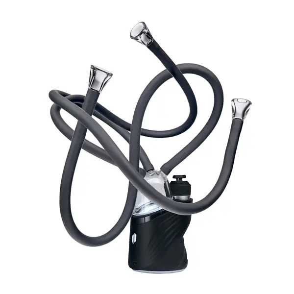 Puffco Peak base shown with Medusa installed and three extended silicone whips, illustrating multi-user hookah-style setup.