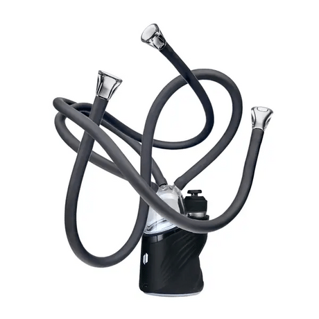 Puffco Peak base shown with Medusa installed and three extended silicone whips, illustrating multi-user hookah-style setup.
