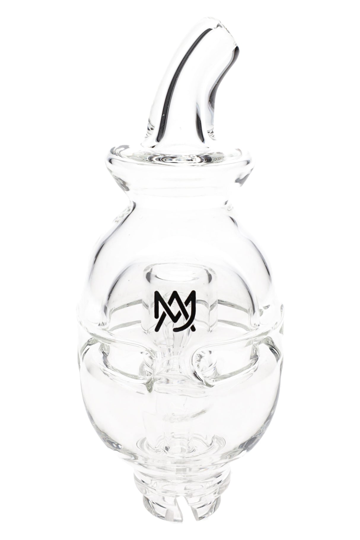 Clear MJ Arsenal Fab Egg Pivot glass top with angled mouthpiece and fab-egg recycler chambers, shown upright on white background for Puffco Pivot.