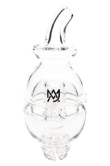 Clear MJ Arsenal Fab Egg Pivot glass top with angled mouthpiece and fab-egg recycler chambers, shown upright on white background for Puffco Pivot.