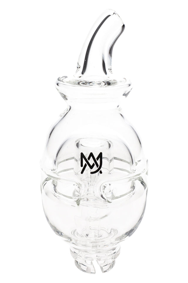 Clear MJ Arsenal Fab Egg Pivot glass top with angled mouthpiece and fab-egg recycler chambers, shown upright on white background for Puffco Pivot.