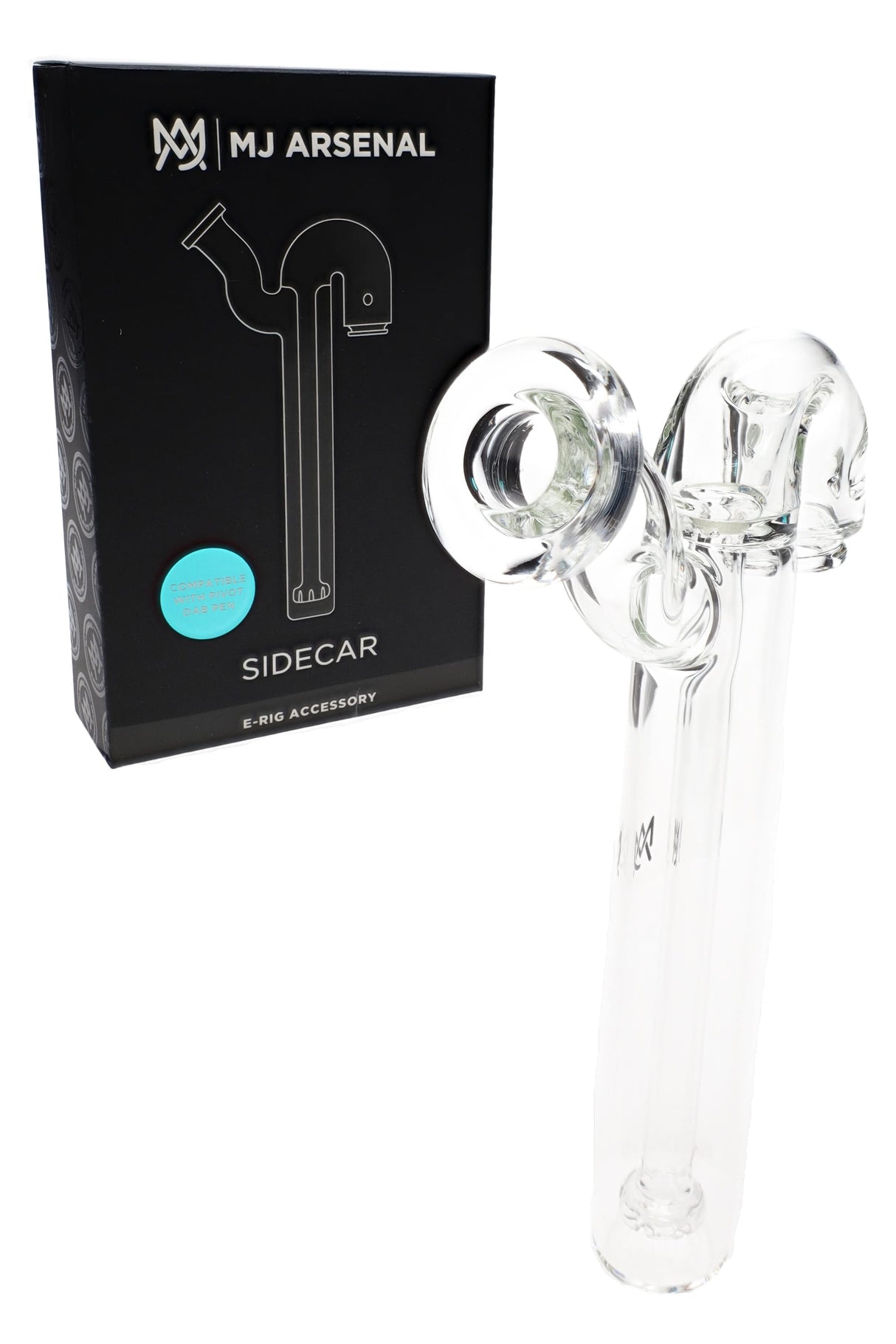 Sidecar Pivot attachment by MJ Arsenal beside retail box, transparent borosilicate body with offset mouthpiece for smoother concentrate pulls.