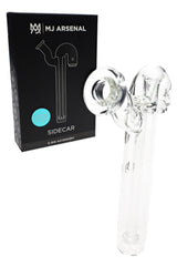 Sidecar Pivot attachment by MJ Arsenal beside retail box, transparent borosilicate body with offset mouthpiece for smoother concentrate pulls.