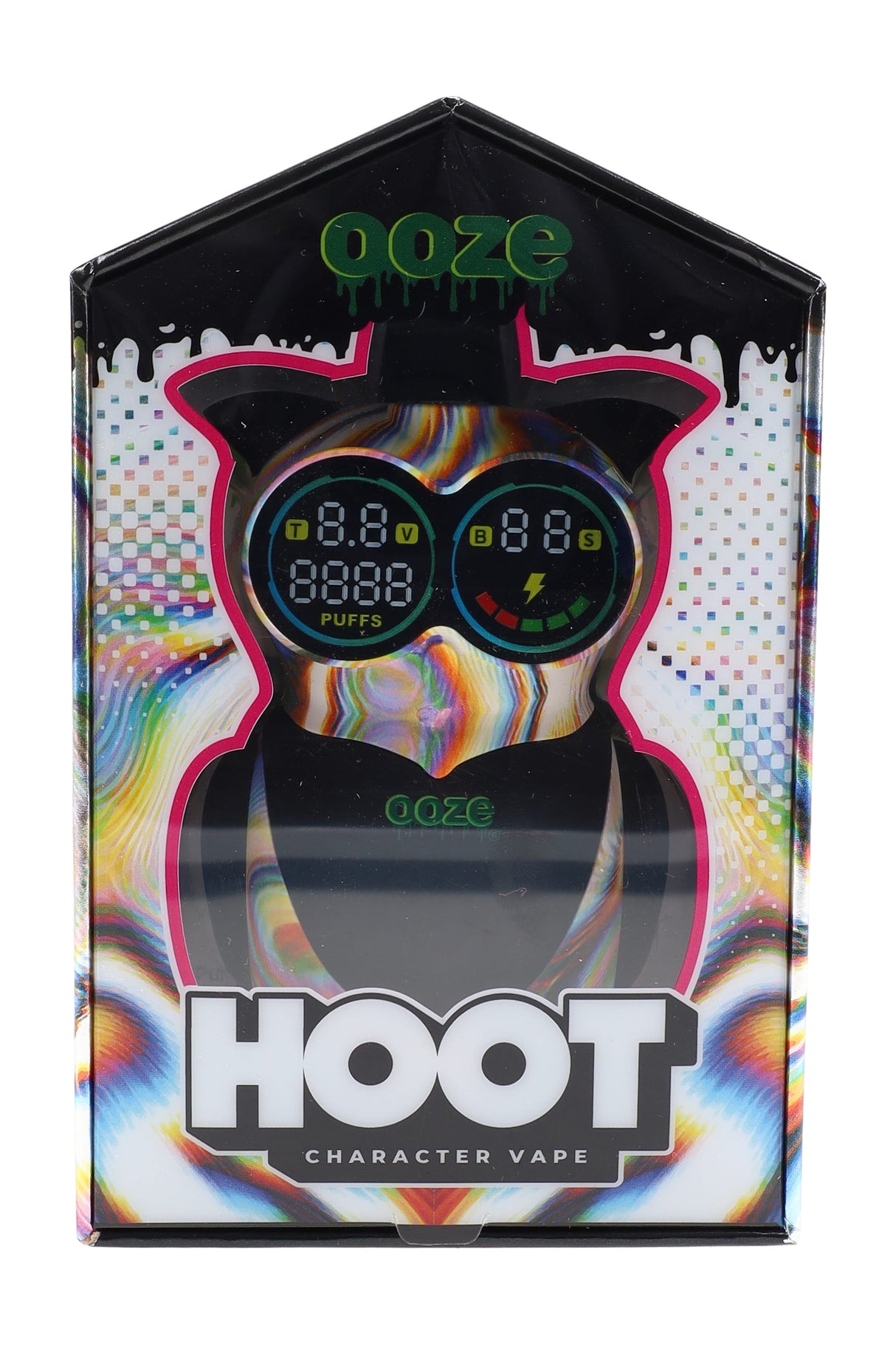 Ooze Hoot character vape in Glitch rainbow color, packaged in a window box with dual circular screens visible for voltage and puffs.