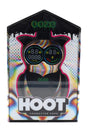 Ooze Hoot character vape in Glitch rainbow color, packaged in a window box with dual circular screens visible for voltage and puffs.