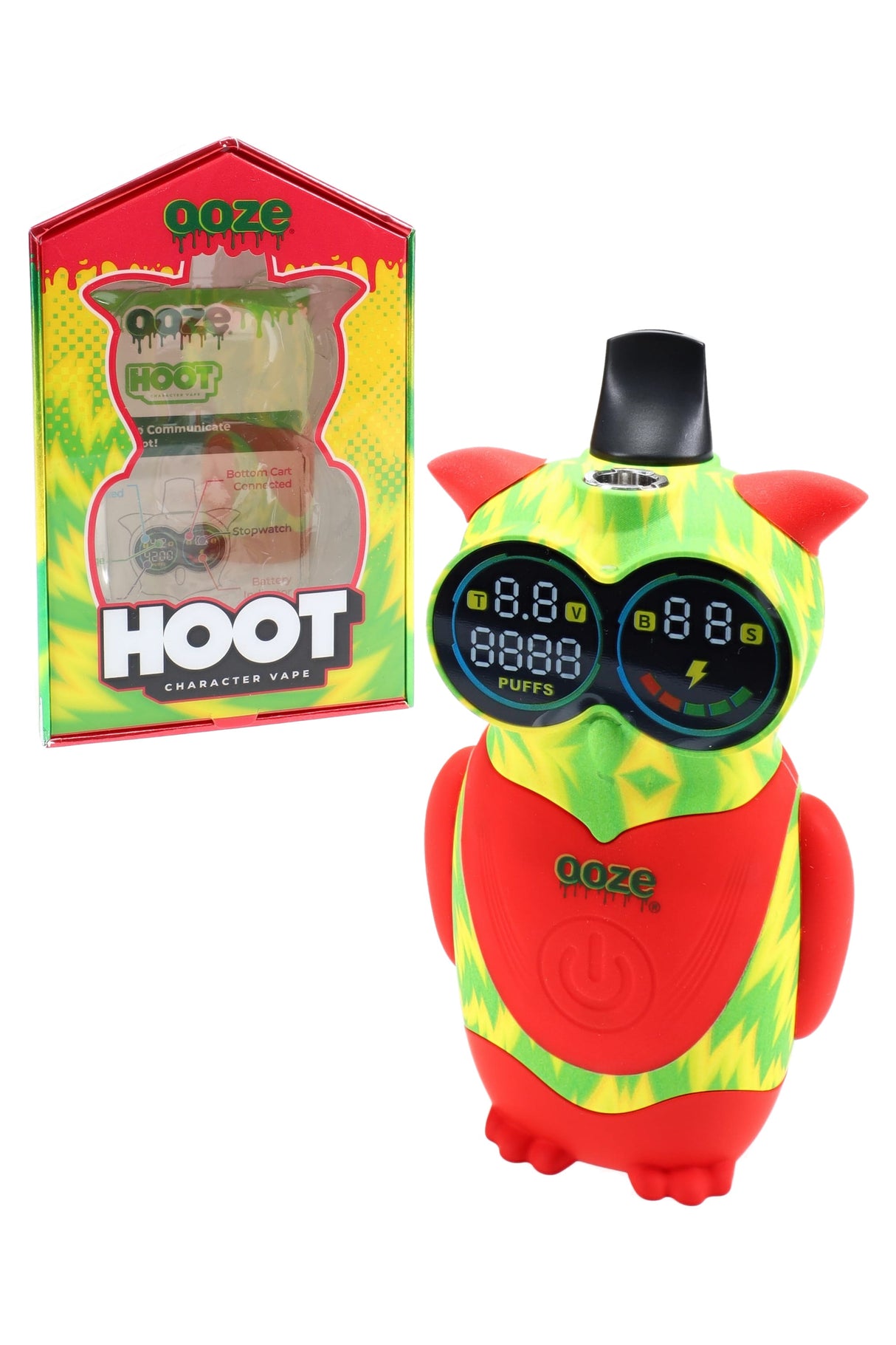 Ooze Hoot character 510 battery in Inferno red/green with dual-eye digital screen and puff counter, shown beside retail box at an angle.