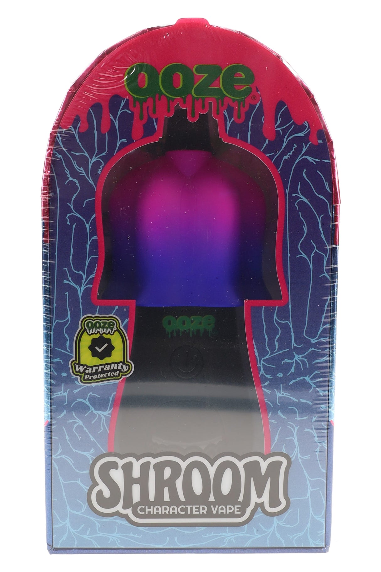 Ooze Shroom character vape boxed, purple-pink cap silhouette on window packaging, 510 battery with digital screen indicators shown.
