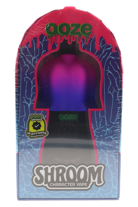 Ooze Shroom character vape boxed, purple-pink cap silhouette on window packaging, 510 battery with digital screen indicators shown.