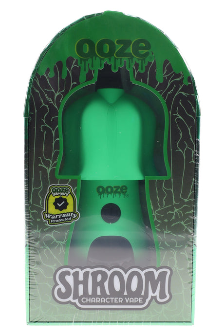 Green Ooze Shroom 650 mAh character 510 battery packaged in display box, Type-C charging badge and window outline visible.