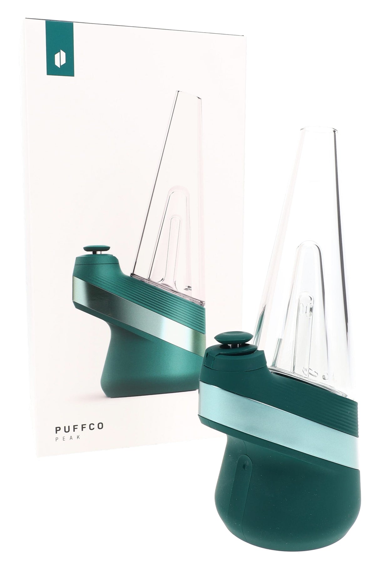 Puffco New Peak Pine smart e-rig shown next to retail box with matching artwork and colorway.