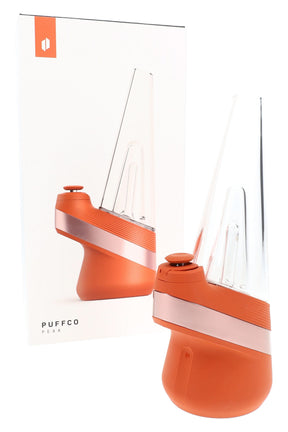 Puffco New Peak Canyon smart e-rig displayed beside its retail box with matching artwork and colorway.