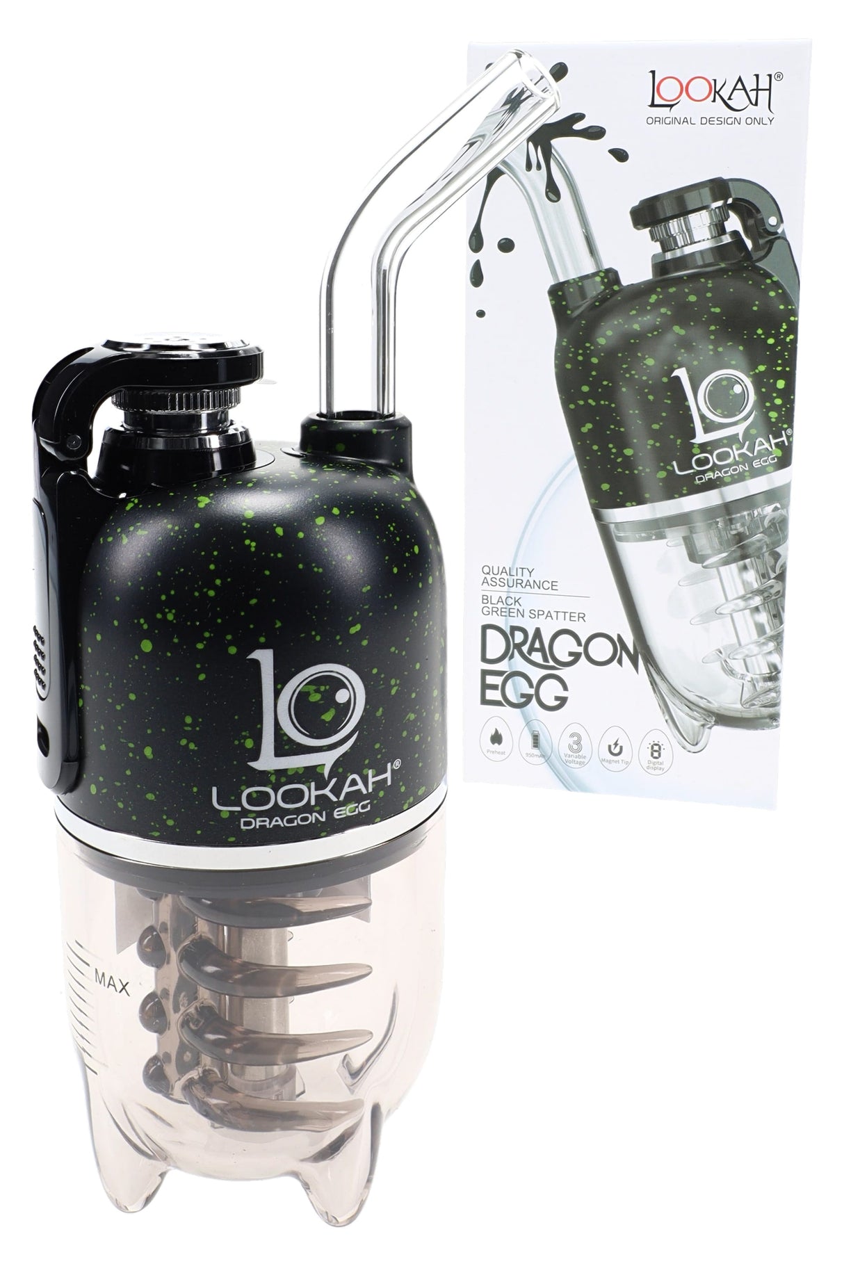 Lookah Dragon Egg electric dab rig in black with green splatter, glass mouthpiece and water chamber beside branded box.