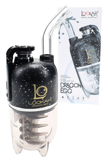 Lookah Dragon Egg electric dab rig in black with silver splatter, angled glass straw and ribbed perc cup next to packaging.