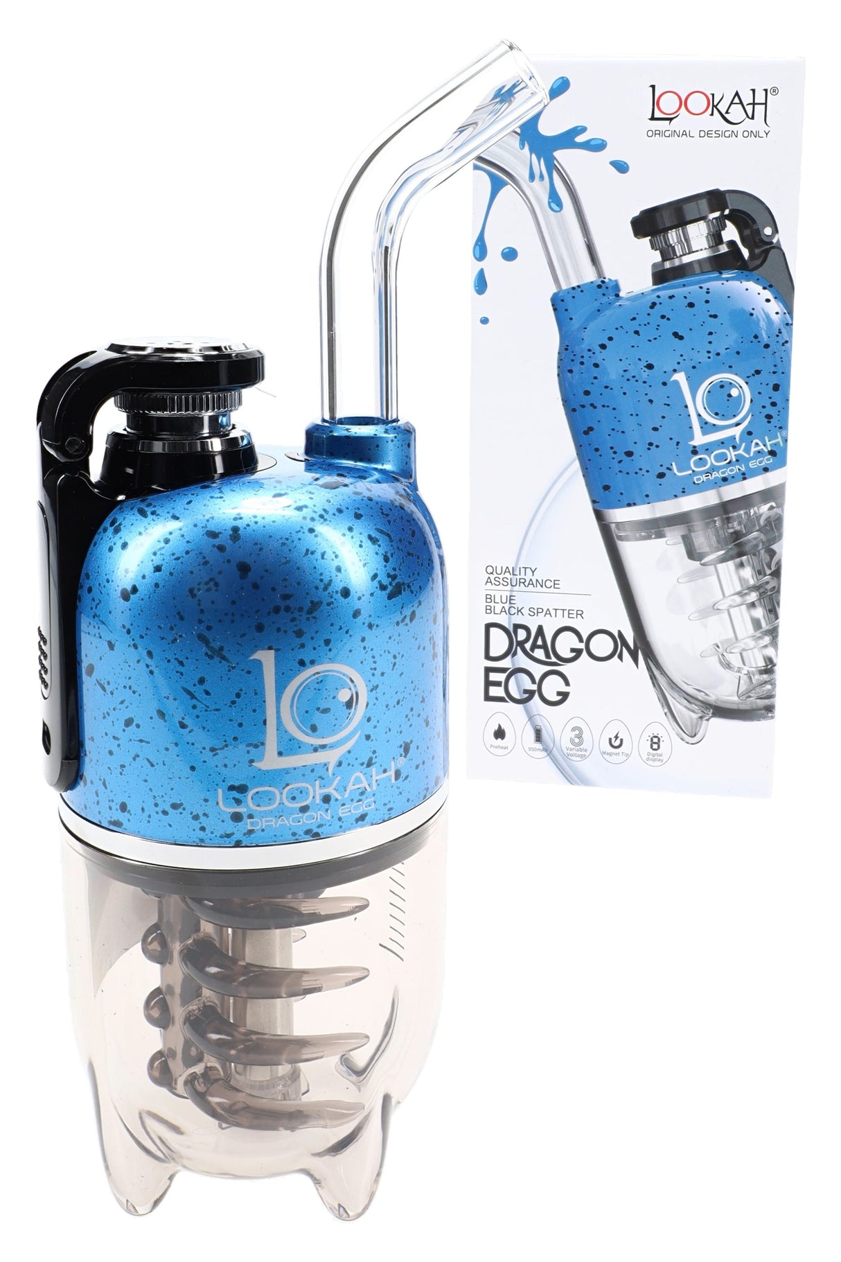 Lookah Dragon Egg electric dab rig in blue with black splatter finish, clear water chamber and coil visible with retail box.