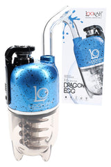 Lookah Dragon Egg electric dab rig in blue with black splatter finish, clear water chamber and coil visible with retail box.