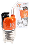 Lookah Dragon Egg electric dab rig in orange with black splatter, compact body and glass mouthpiece posed beside box.