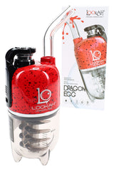 Lookah Dragon Egg electric dab rig in red with black splatter, compact chassis and downstem cup detail beside packaging.