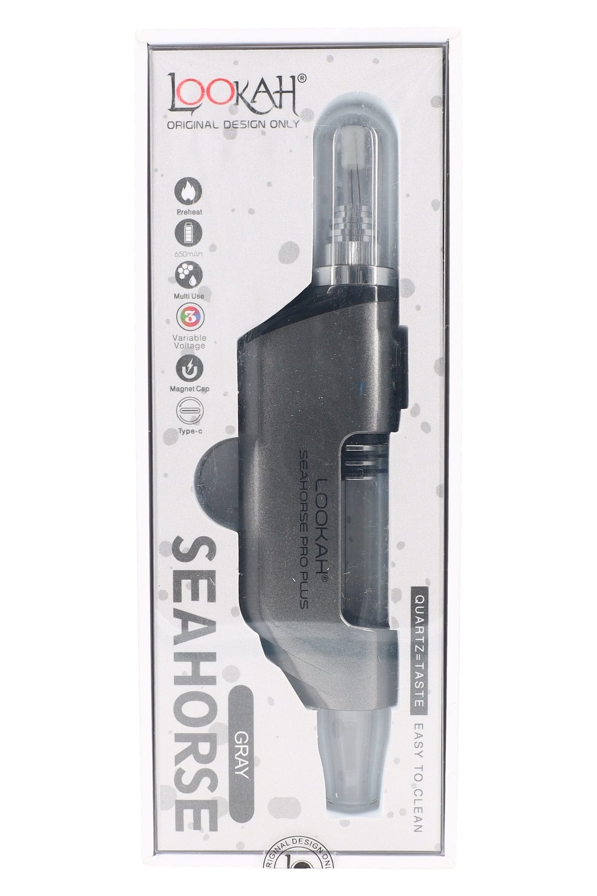 Gray Lookah Seahorse Pro Plus nectar collector dab pen in retail packaging, showing quartz tip, 650mAh badge, and USB-C logo.