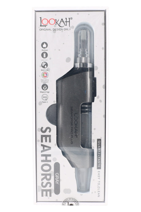 Gray Lookah Seahorse Pro Plus nectar collector dab pen in retail packaging, showing quartz tip, 650mAh badge, and USB-C logo.