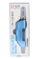 Blue Lookah Seahorse Pro Plus wax vaporizer boxed upright, with glass tube airway and color-matched Seahorse branding along the side.