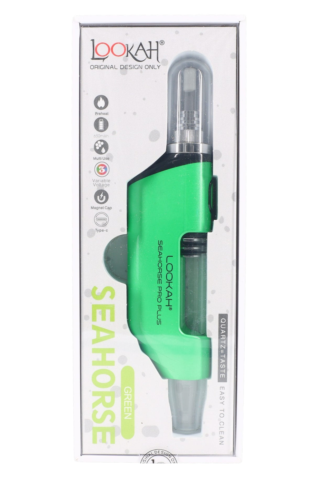 Green Lookah Seahorse Pro Plus dab straw kit in clear-front packaging, showing device body, glass tube, and icons for multi-use features.