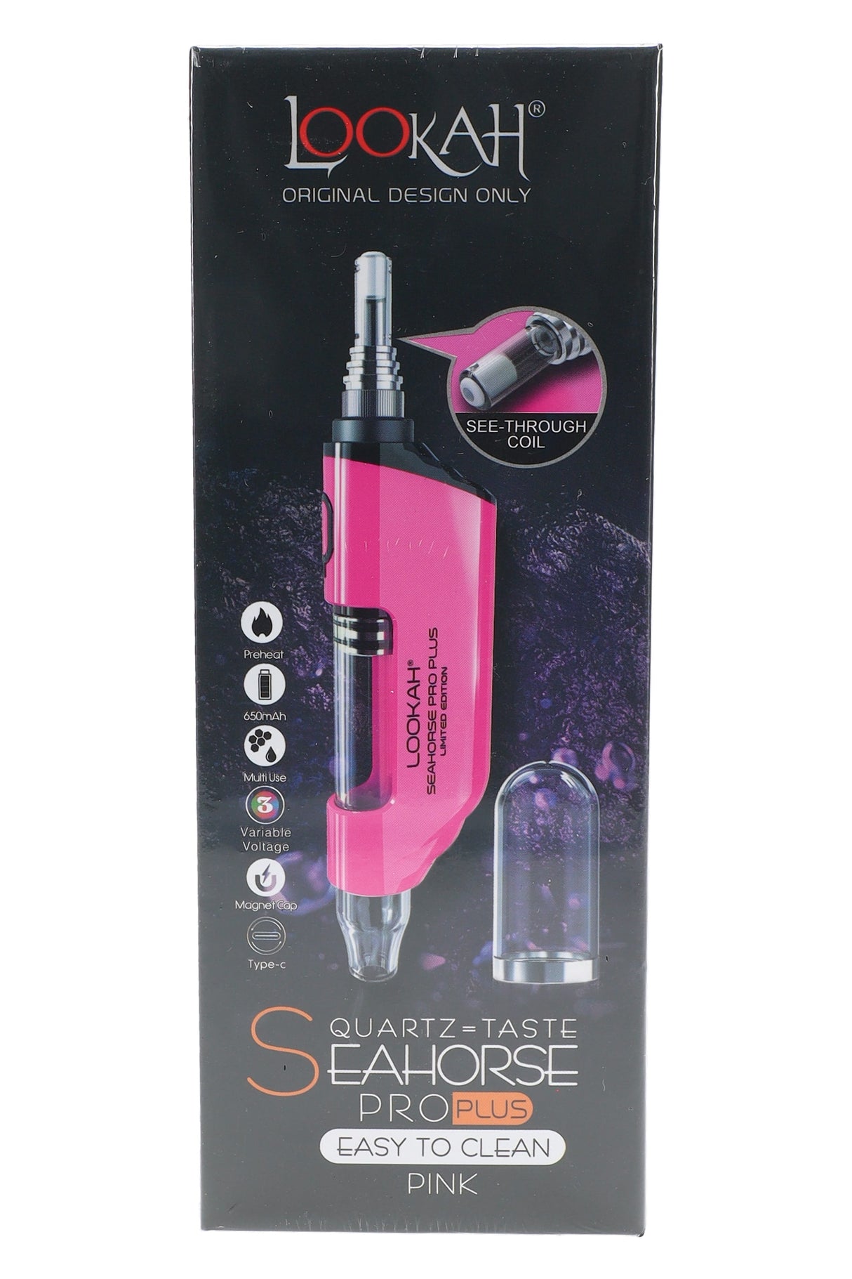Pink Lookah Seahorse Pro Plus limited-color dab pen on dark retail box, see-through coil callout bubble and spare glass cap pictured.
