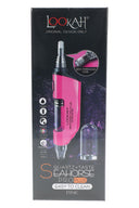 Pink Lookah Seahorse Pro Plus limited-color dab pen on dark retail box, see-through coil callout bubble and spare glass cap pictured.