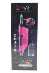 Pink Lookah Seahorse Pro Plus limited-color dab pen on dark retail box, see-through coil callout bubble and spare glass cap pictured.