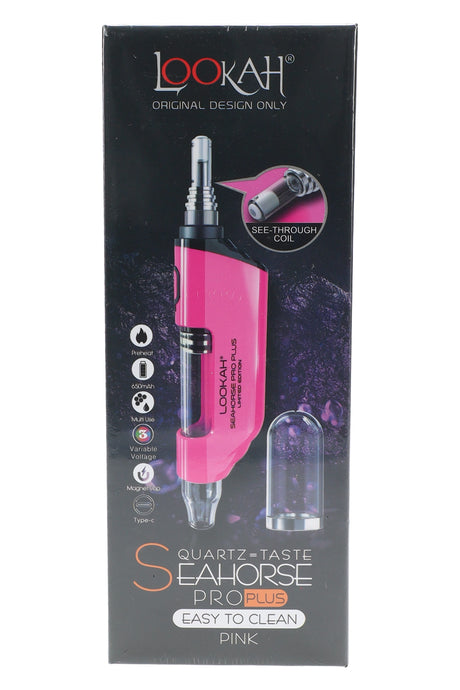 Pink Lookah Seahorse Pro Plus limited-color dab pen on dark retail box, see-through coil callout bubble and spare glass cap pictured.