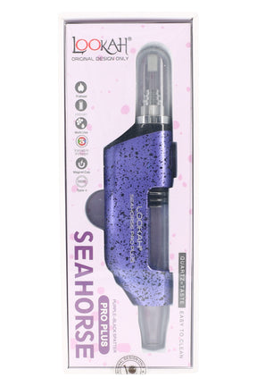 Lookah Splatter Seahorse Pro Plus dab pen in purple and black splatter, boxed upright with quartz tip beneath clear cap.