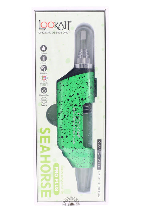 Lookah Splatter Seahorse Pro Plus nectar collector in green and black splatter, box displaying icons for voltage control.