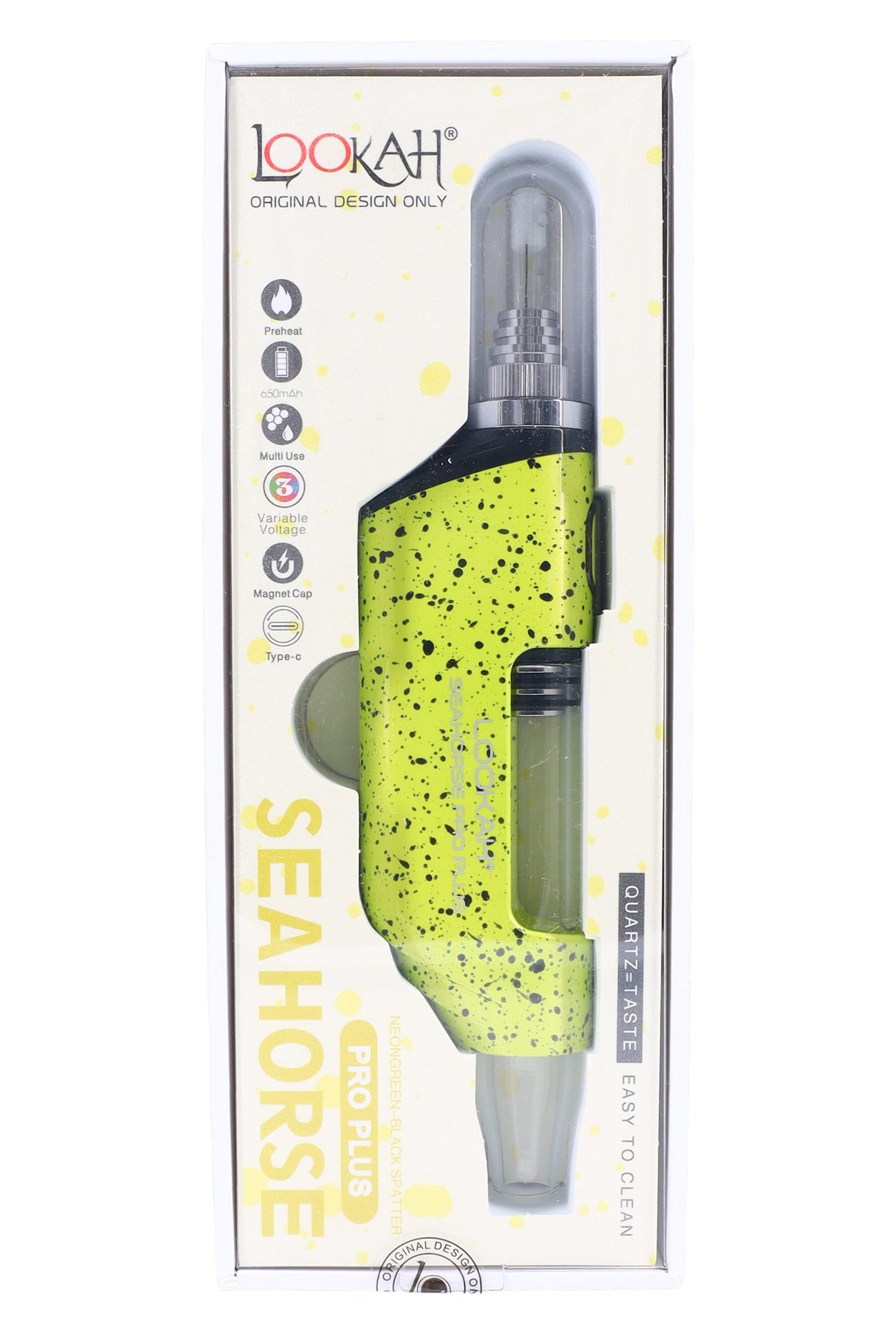 Lookah Splatter Seahorse Pro Plus dab straw in neon green and black splatter, boxed with quartz taste and easy-clean text.
