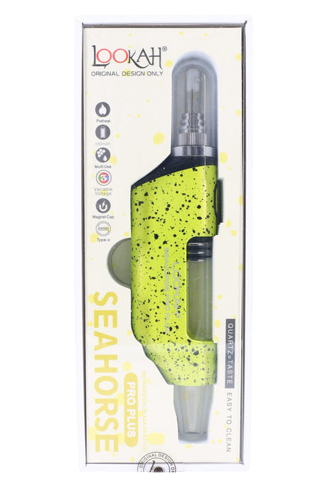 Lookah Splatter Seahorse Pro Plus dab straw in neon green and black splatter, boxed with quartz taste and easy-clean text.