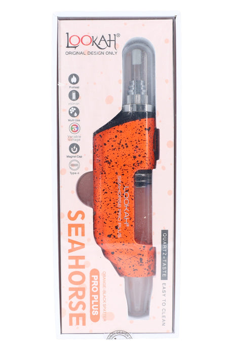 Lookah Splatter Seahorse Pro Plus dab pen in orange and black splatter, packaged upright with preheat and USB-C icons.