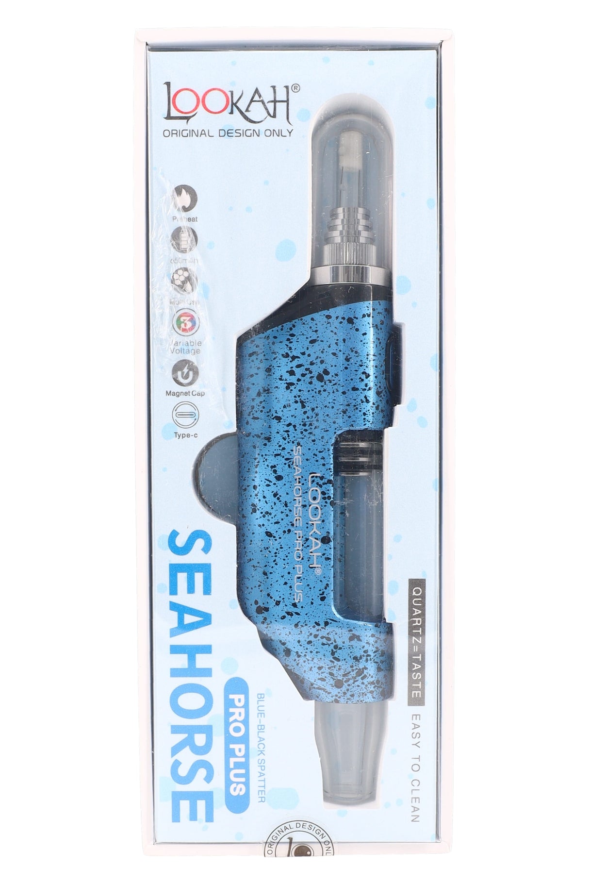 Blue and black Splatter Seahorse Pro Plus dab pen boxed upright, showing glass tube mouthpiece and magnetic cap badge.